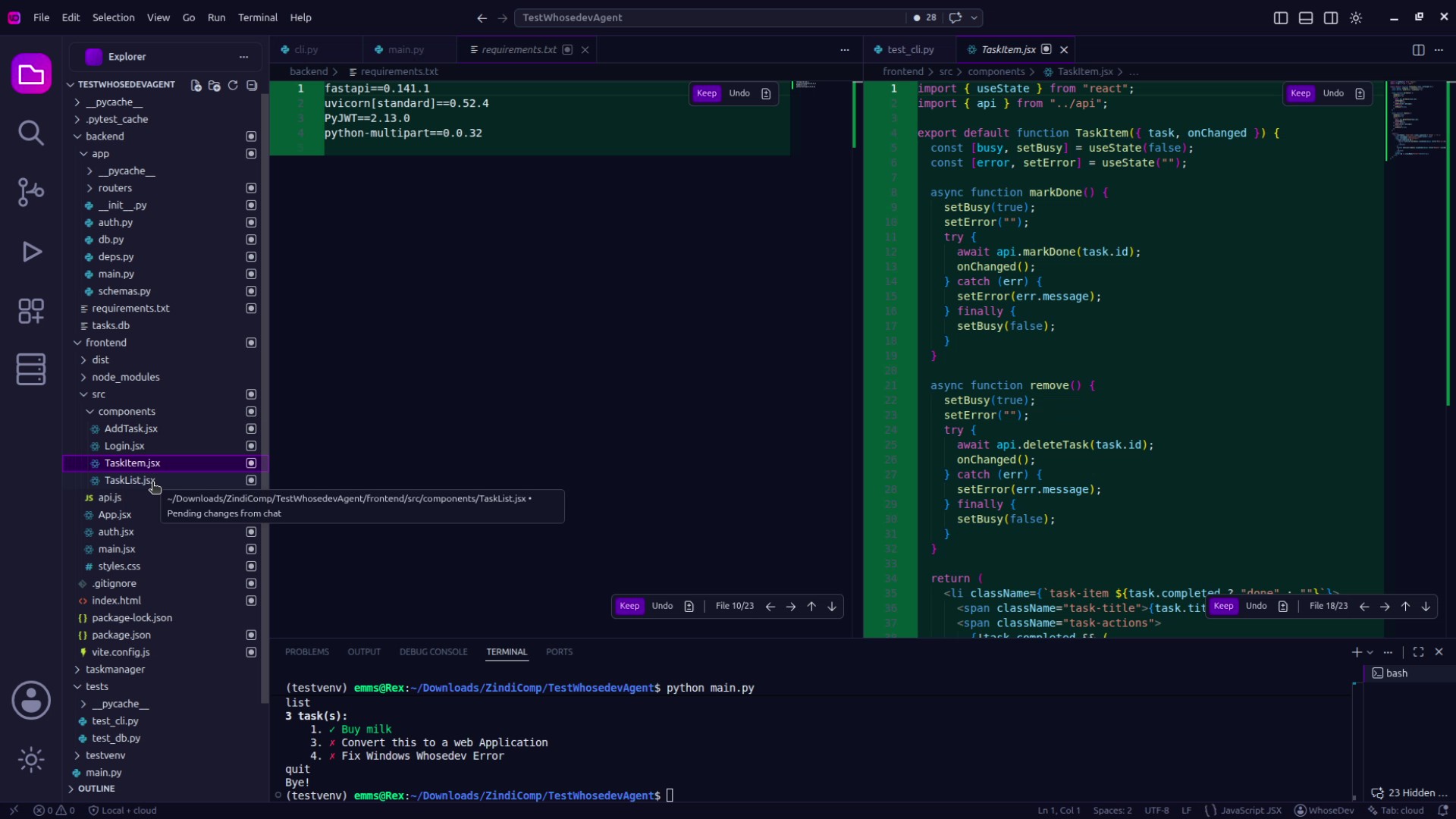 WhoseDev showing suggested source code changes with Keep and Undo controls